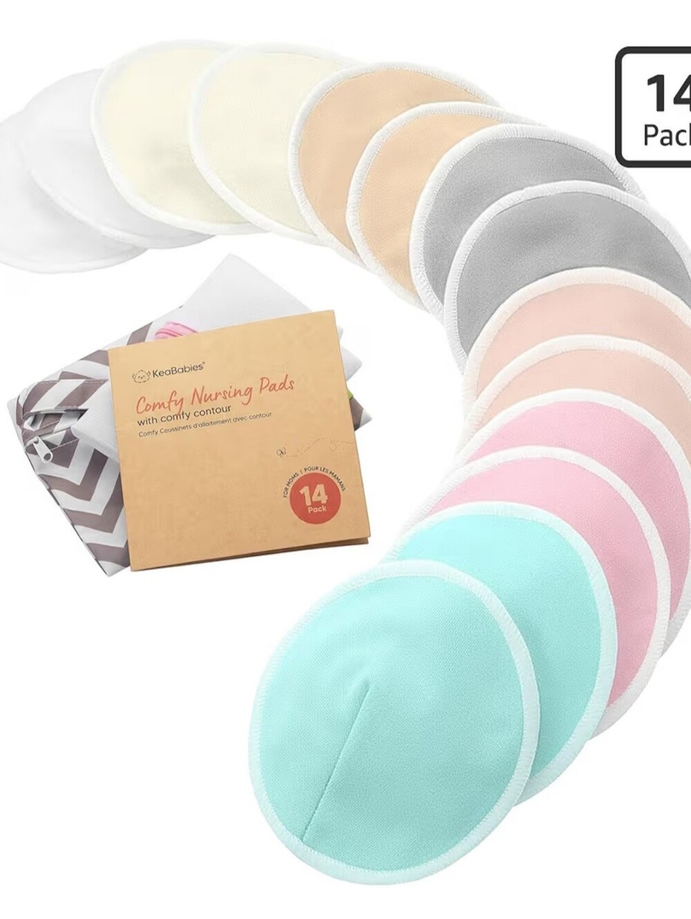 Organic Nursing Pads, 14 Washable Breast Pads,Wash Bag (Pastel Touch, Large 5")